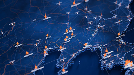 Laoyang map big data visualization. Futuristic map infographic of city in China. Visual map data...