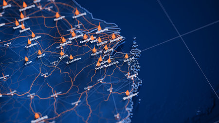 Shaoxing map big data visualization. Futuristic map infographic of city in China. Visual map data...
