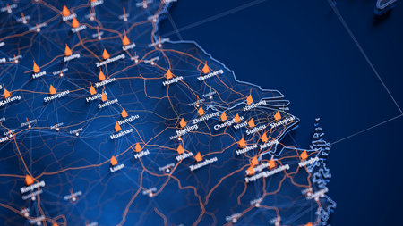 Zhenjiang map big data visualization. Futuristic map infographic of city in China. Visual map data...