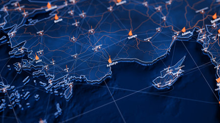 Antalya map big data visualization. Futuristic map infographic of city in Turkey. Visual map data...