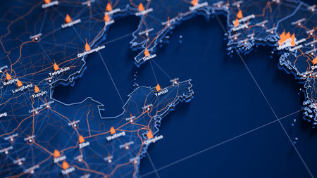 Yantai map big data visualization. Futuristic map infographic of city in China. Visual map data...