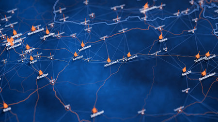 Allahabad map big data visualization. Futuristic map infographic of city in India. Visual map data...