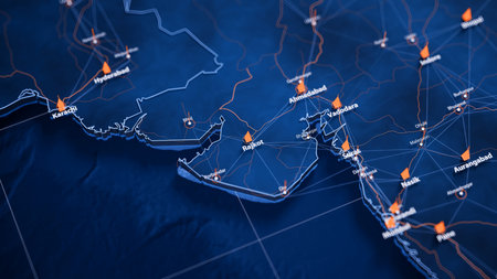 Rajkot map big data visualization. Futuristic map infographic of city in India. Visual map data...