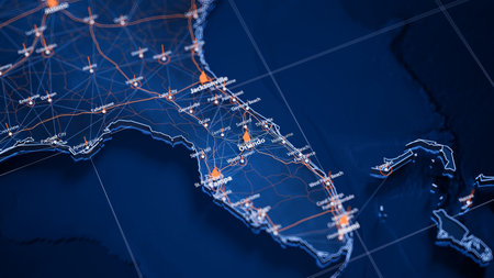 Orlando map big data visualization. Futuristic map infographic of city in USA. Visual map data complexity in modern blue and orange colorsの写真素材