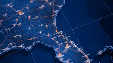 Jacksonville map big data visualization. Futuristic map infographic of city in USA. Visual map data...