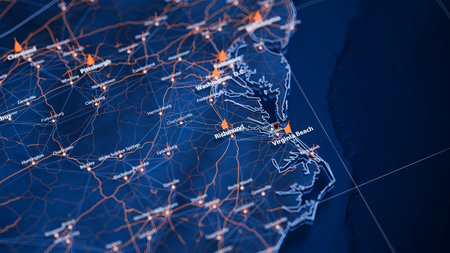 Richmond map big data visualization. Futuristic map infographic of city in USA. Visual map data complexity in modern blue and orange colorsの写真素材