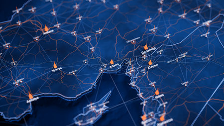 Adana map big data visualization. Futuristic map infographic of city in Turkey. Visual map data...