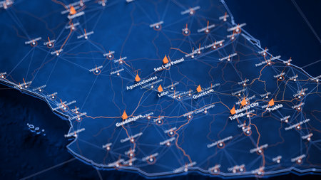 Leon map big data visualization. Futuristic map infographic of city in Mexico. Visual map data...