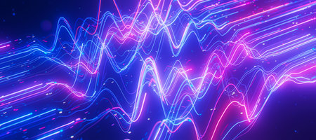 Closeup Bigdata light speed data flow wave. Abstract digital data stream of quantum computing....