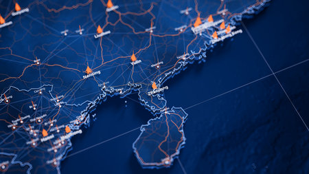 Zhanjiang map big data visualization. Futuristic map infographic of city in China. Visual map data...
