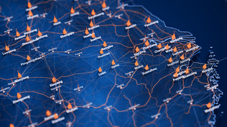 Hefei map big data visualization. Futuristic map infographic of city in China. Visual map data complexity in modern blue and orange colorsの写真素材