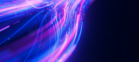 Inside Bigdata light speed data flow closeup. Abstract digital data stream of quantum computing. Cyberspace of qubit trails. Modern tech information transmission.の写真素材