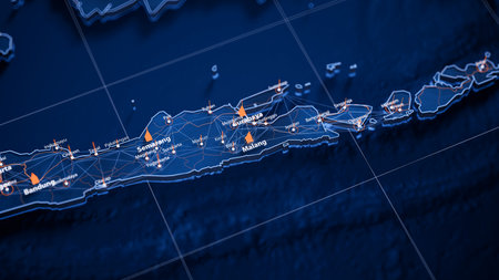 Malang map big data visualization. Futuristic map infographic of city in Indonesia. Visual map data...