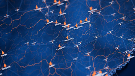 Hengyang map big data visualization. Futuristic map infographic of city in China. Visual map data complexity in modern blue and orange colorsの写真素材