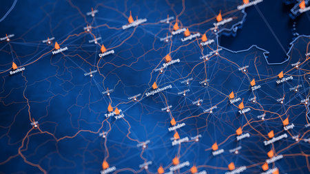 Shijiazhuang map big data visualization. Futuristic map infographic of city in China. Visual map data complexity in modern blue and orange colorsの写真素材