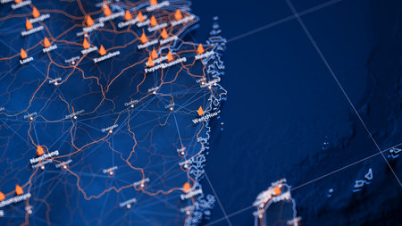 Wenzhou map big data visualization. Futuristic map infographic of city in China. Visual map data complexity in modern blue and orange colorsの写真素材