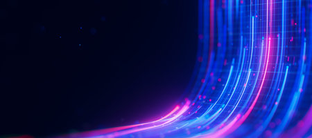 Bigdata light speed data flow upward. Abstract digital data stream of quantum computing. Cyberspace...