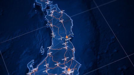 Sendai map big data visualization. Futuristic map infographic of city in Japan. Visual map data complexity in modern blue and orange colorsの写真素材