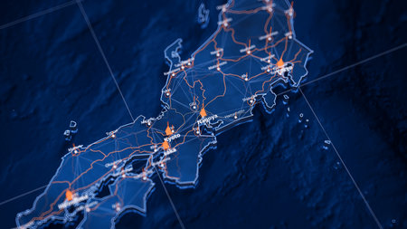 Nagoya map big data visualization. Futuristic map infographic of city in Japan. Visual map data...