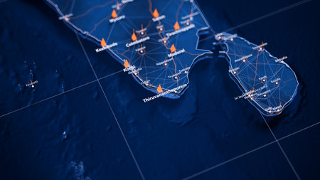 Thiruvananthapuram map big data visualization. Futuristic map infographic of city in India. Visual map data complexity in modern blue and orange colorsの写真素材