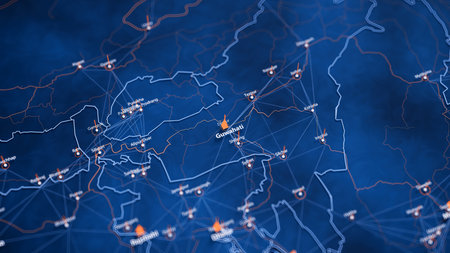Guwahati map big data visualization. Futuristic map infographic of city in India. Visual map data complexity in modern blue and orange colorsの写真素材