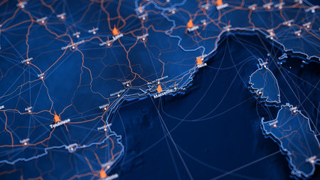 Marseille map big data visualization. Futuristic map infographic of city in France. Visual map data complexity in modern blue and orange colorsの写真素材