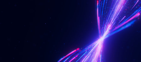 Closeup of bigdata light speed twisted flow. Abstract digital data stream of quantum computing. Cyberspace of qubit trail waves. Modern tech information transmission.の写真素材