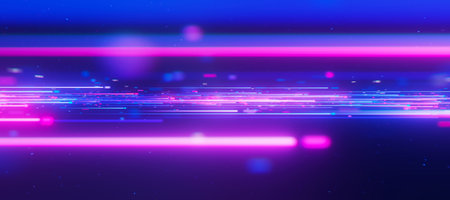 Inside Bigdata light speed data flow. Abstract digital data stream of quantum computing. Cyberspace of qubit trails. Modern tech information transmission.の写真素材