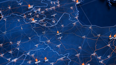 Tabriz map big data visualization. Futuristic map infographic of city in Iran. Visual map data...