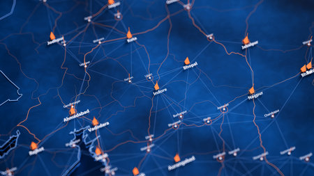 Indore map big data visualization. Futuristic map infographic of city in India. Visual map data complexity in modern blue and orange colorsの写真素材