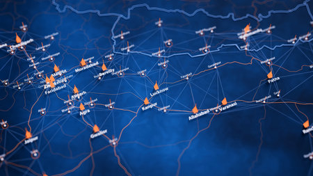 Lucknow map big data visualization. Futuristic map infographic of city in India. Visual map data complexity in modern blue and orange colorsの写真素材