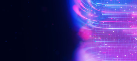 Bigdata light speed data flow upward toward a camera. Abstract digital data stream of quantum...