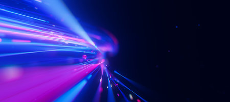 Closeup of bigdata light speed trail flow to infinity. Abstract digital data stream of quantum computing. Cyberspace of qubit trails. Modern tech information transmission.の写真素材