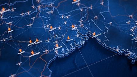 Khulna map big data visualization. Futuristic map infographic of city in Bangladesh. Visual map data complexity in modern blue and orange colorsの写真素材