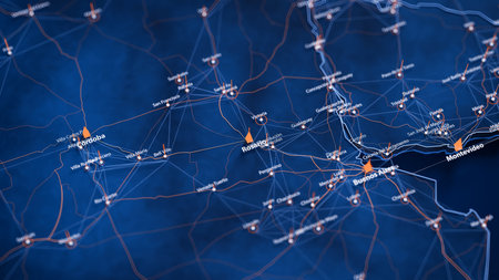 Rosario map big data visualization. Futuristic map infographic of city in Argentina. Visual map data complexity in modern blue and orange colorsの写真素材