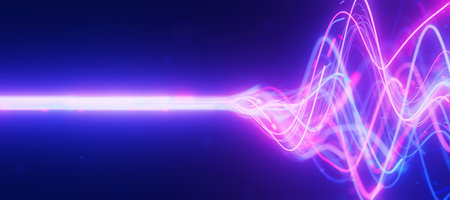 Bigdata light speed data flow wave side view. Abstract digital data stream of quantum computing....