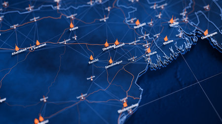 Jamshedpur map big data visualization. Futuristic map infographic of city in India. Visual map data complexity in modern blue and orange colorsの写真素材