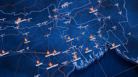 Rajshahi map big data visualization. Futuristic map infographic of city in Bangladesh. Visual map data complexity in modern blue and orange colorsの写真素材