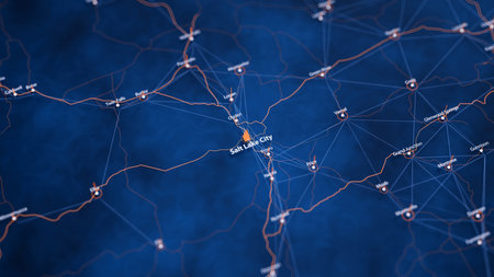 Salt Lake City map big data visualization. Futuristic map infographic of city in USA. Visual map data complexity in modern blue and orange colorsの写真素材