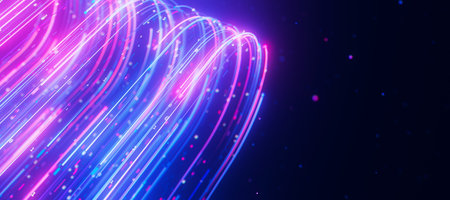 Bigdata light speed data flow turn closeup. Abstract digital data stream of quantum computing. Cyberspace of qubit trails. Modern tech information transmission.の写真素材