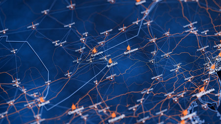 Buffalo map big data visualization. Futuristic map infographic of city in USA. Visual map data complexity in modern blue and orange colorsの写真素材