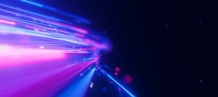 Closeup of bigdata light speed trail flow to infinity. Abstract digital data stream of quantum...