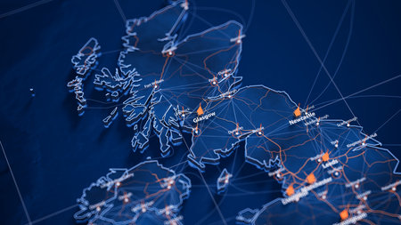 Glasgow map big data visualization. Futuristic map infographic of city. Visual map data complexity in modern blue and orange colorsの写真素材