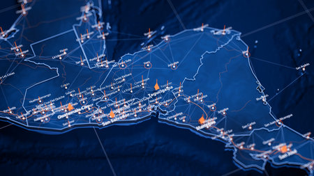 Tegucigalpa map big data visualization. Futuristic map infographic of city in Honduras. Visual map data complexity in modern blue and orange colorsの写真素材