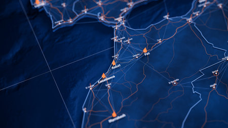 Rabat map big data visualization. Futuristic map infographic of city in Morocco. Visual map data complexity in modern blue and orange colorsの写真素材