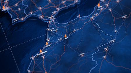 Fez map big data visualization. Futuristic map infographic of city in Morocco. Visual map data complexity in modern blue and orange colorsの写真素材