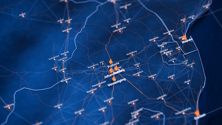 Pretoria map big data visualization. Futuristic map infographic of city in South Africa. Visual map data complexity in modern blue and orange colorsの写真素材