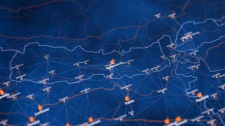 Kathmandu map big data visualization. Futuristic map infographic of city in Nepal. Visual map data complexity in modern blue and orange colorsの写真素材