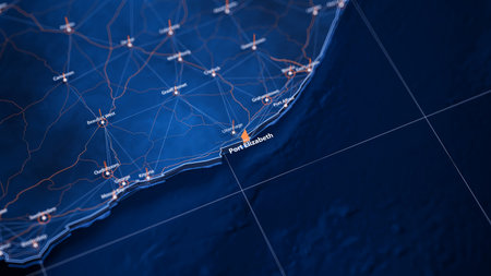 Port Elizabeth map big data visualization. Futuristic map infographic of city in South Africa. Visual map data complexity in modern blue and orange colorsの写真素材