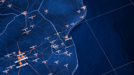 Maputo map big data visualization. Futuristic map infographic of city in Mozambique. Visual map data complexity in modern blue and orange colorsの写真素材
